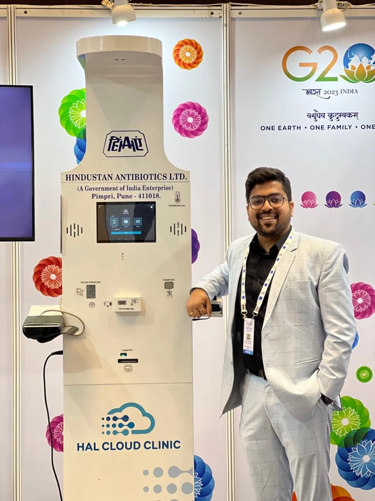 The HAL Cloud Clinic health kiosk, built with Hindustan Antibiotics Ltd, shown at a G20 India event