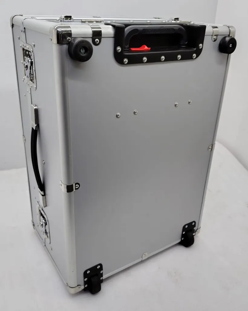 Closed Box Clinic case standing upright on trolley wheels