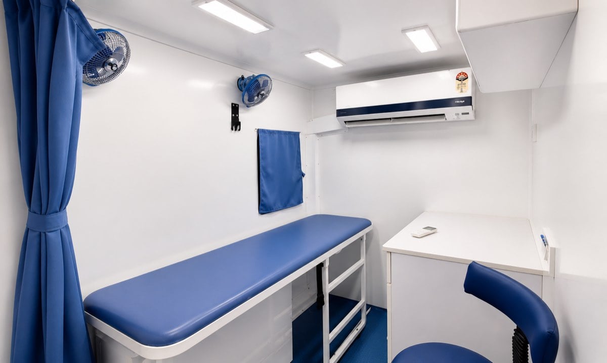 Consultation area with doctor workstation, AC cabin and storage